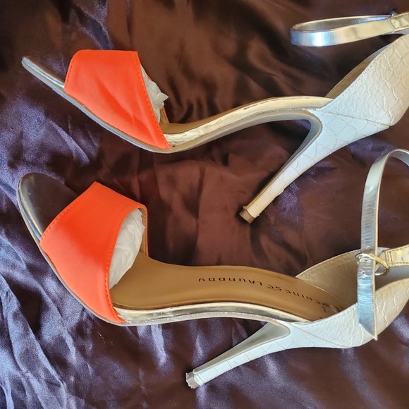 CHINESE LAUNDRY OPEN TOED HEELS CREAM, GOLD AND ORANGE WITH ALLIGATOR PATTERN - Picture 5 of 11